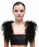 Feather boa straps by MOSAÏKA front portrait creating bold sculptural silhouette